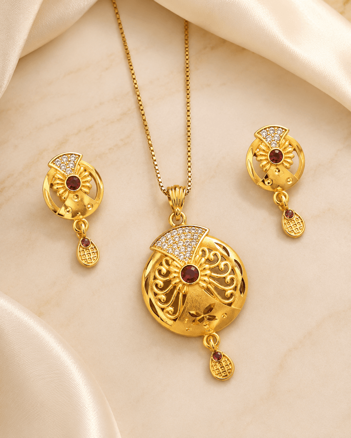 Ruby Bloom Gold-Tone Pendant Necklace & Earring Set